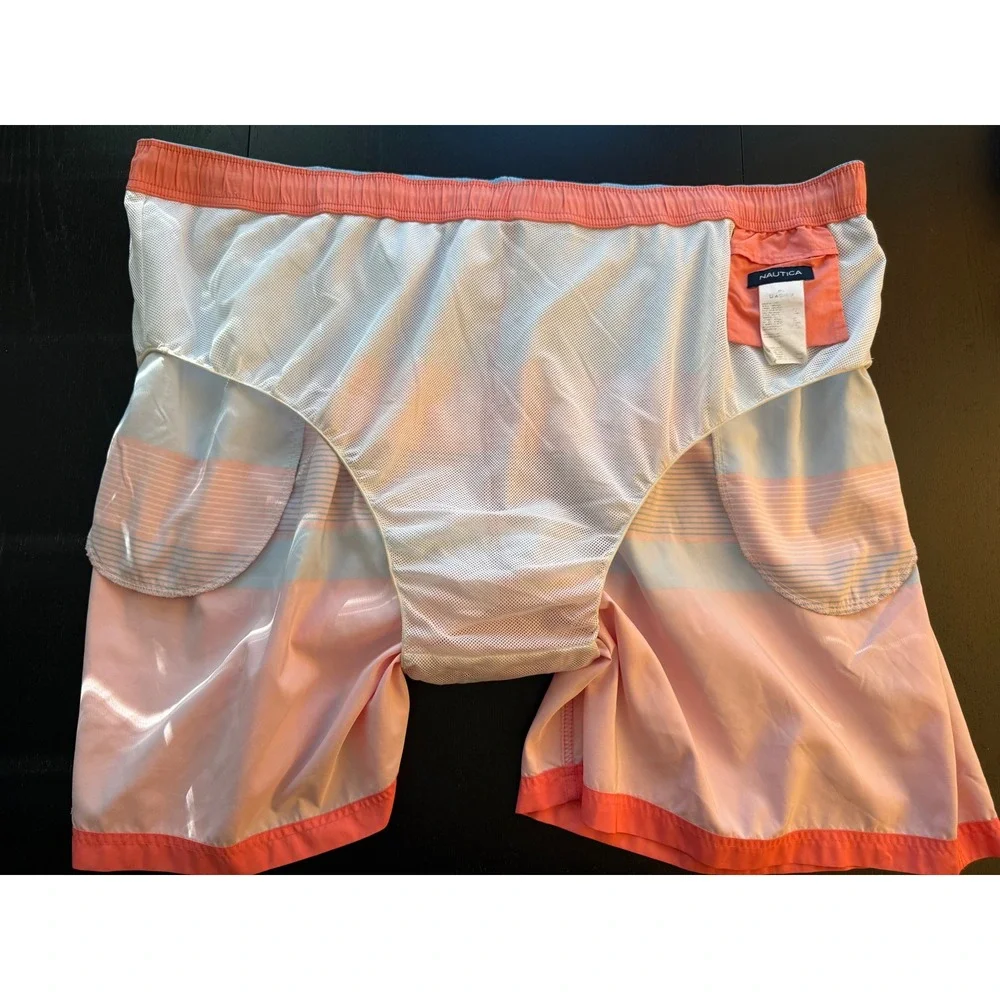 Nautica Swim‎ Trunks Mens 6XL Striped Coral/Blue Mesh-Lined Board Shorts